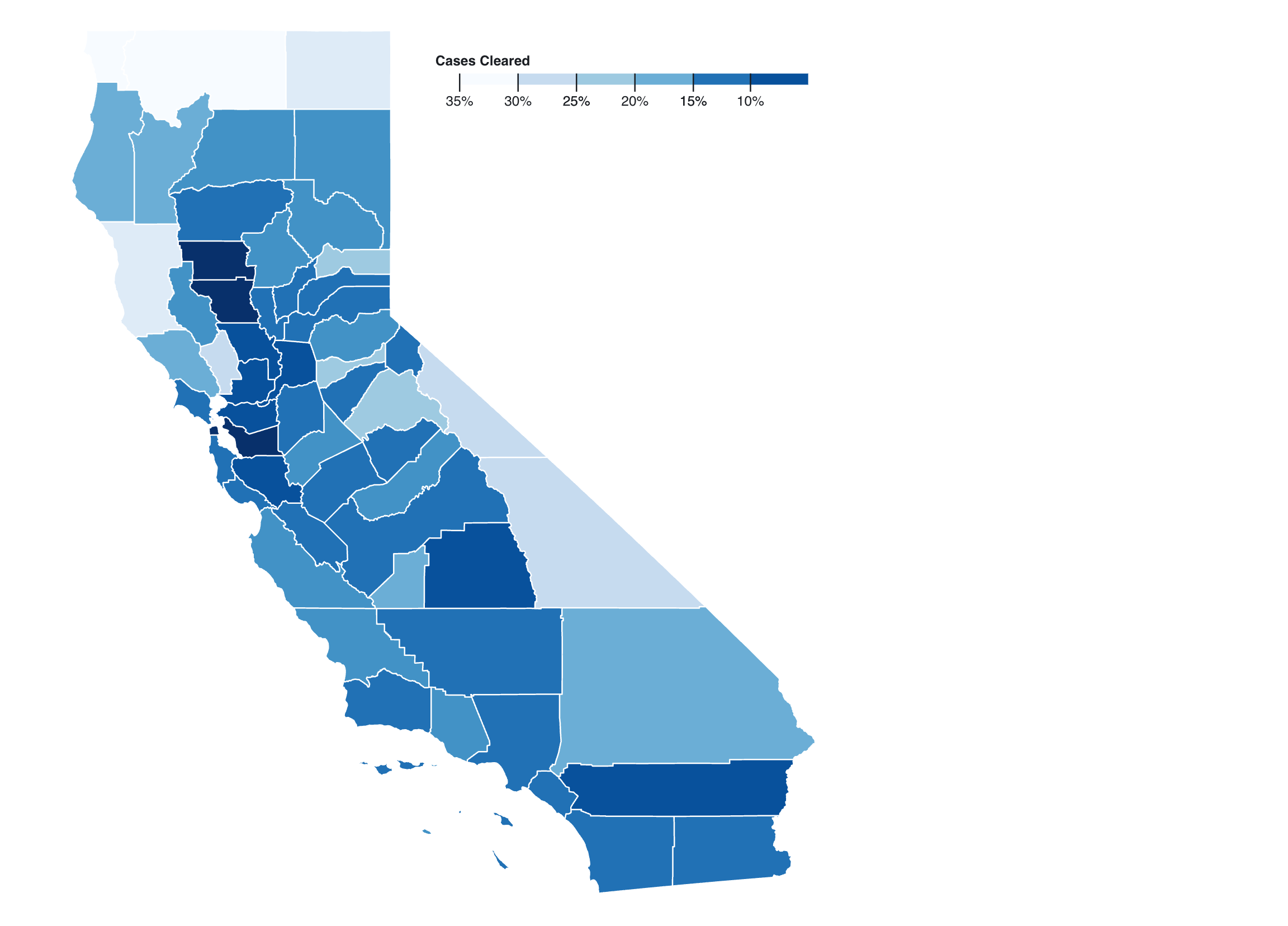 this is a picture of a map of California showing clerance rates by county